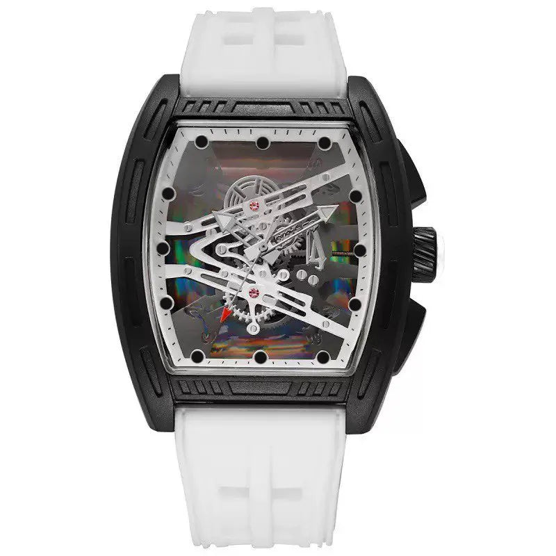Quartz Watch Silicone Strap Skeleton Sport Wristwatch Fashion Square Barrel Shape Male Dress Watches