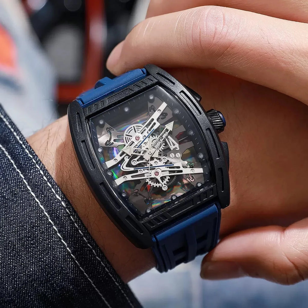 Quartz Watch Silicone Strap Skeleton Sport Wristwatch Fashion Square Barrel Shape Male Dress Watches
