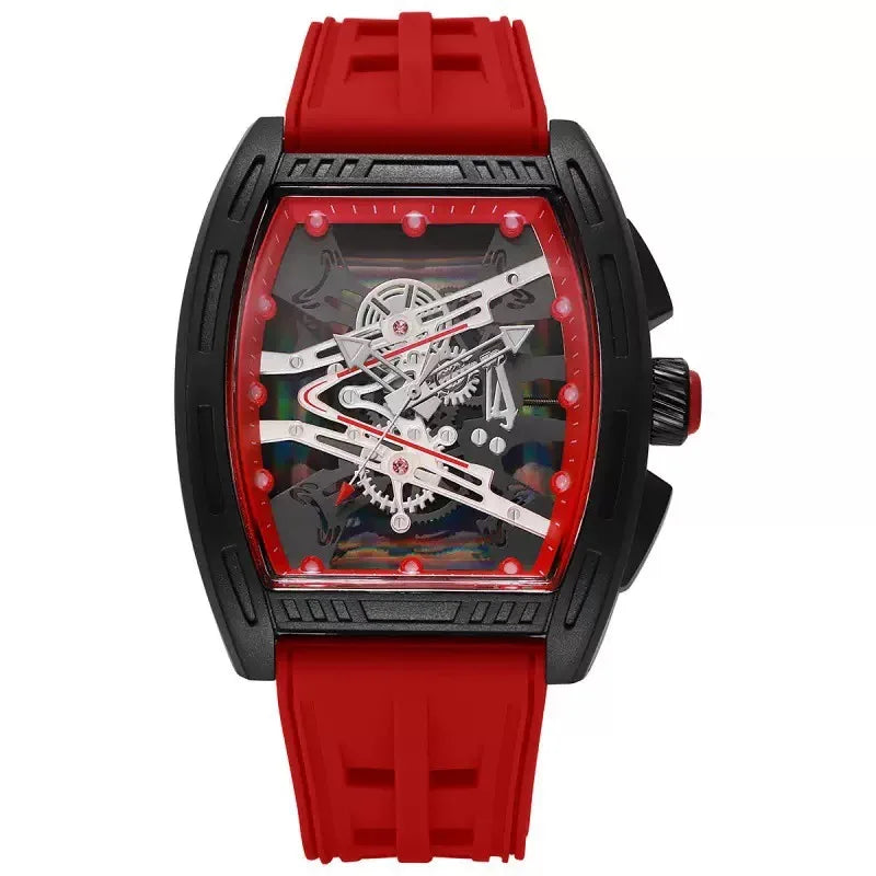 Quartz Watch Silicone Strap Skeleton Sport Wristwatch Fashion Square Barrel Shape Male Dress Watches