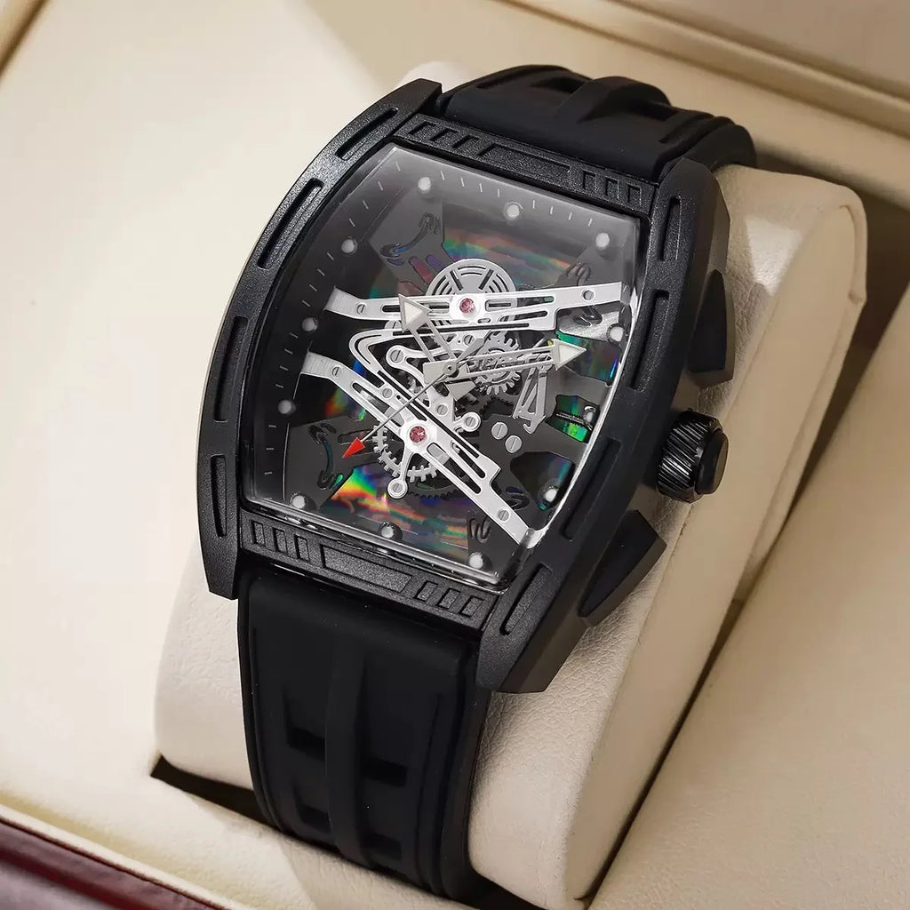 Quartz Watch Silicone Strap Skeleton Sport Wristwatch Fashion Square Barrel Shape Male Dress Watches