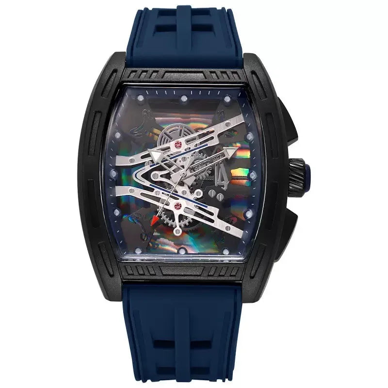 Quartz Watch Silicone Strap Skeleton Sport Wristwatch Fashion Square Barrel Shape Male Dress Watches
