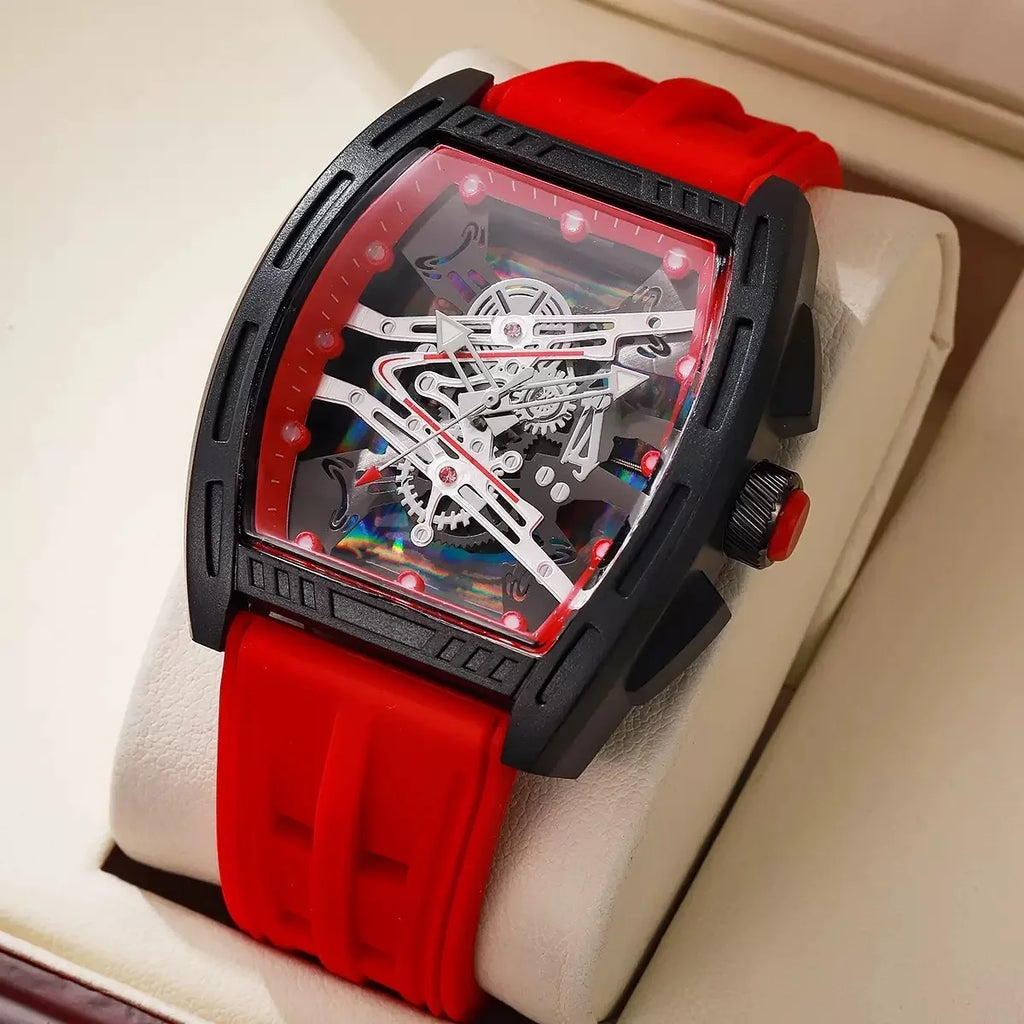 Quartz Watch Silicone Strap Skeleton Sport Wristwatch Fashion Square Barrel Shape Male Dress Watches