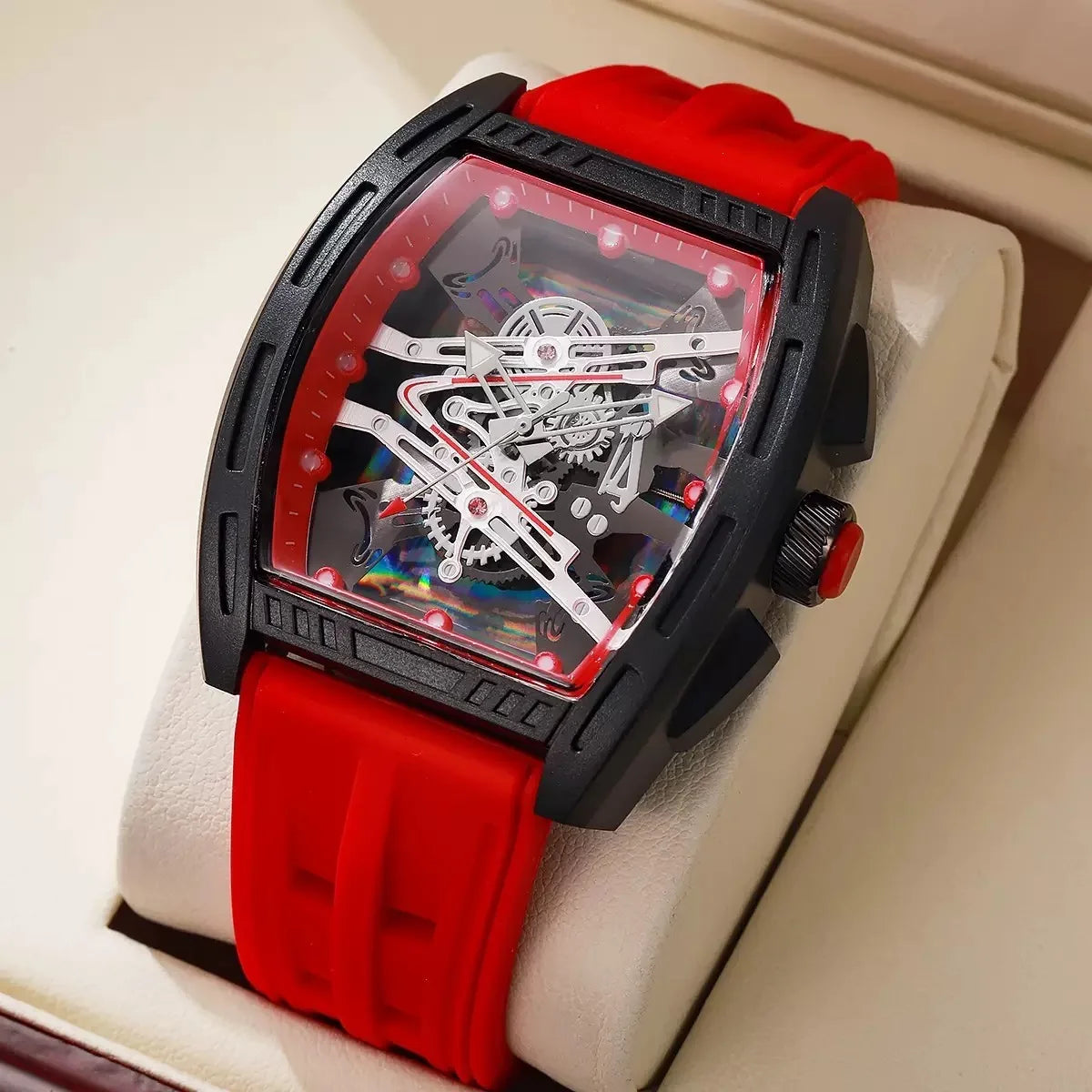 Quartz Watch Silicone Strap Skeleton Sport Wristwatch Fashion Square Barrel Shape Male Dress Watches